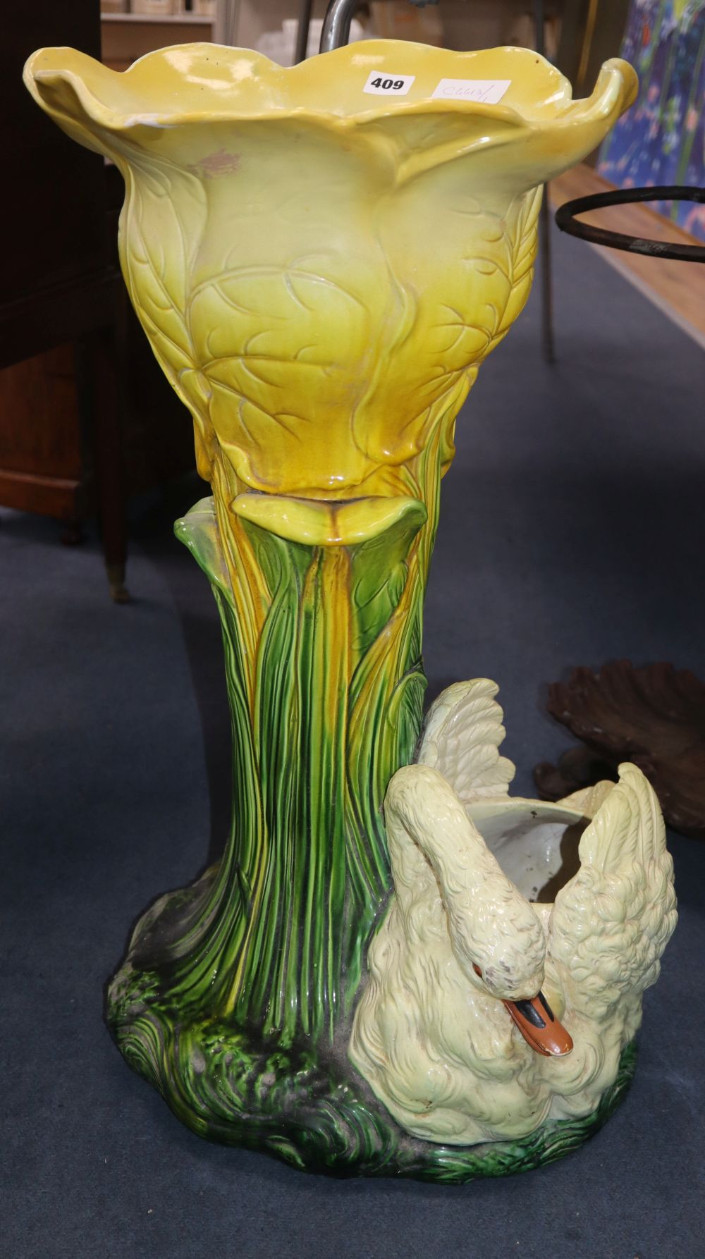 A Bretby pottery swan jardiniere, height 66cm